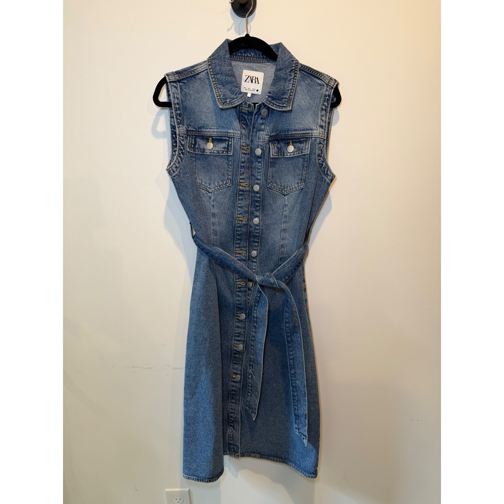 Zara Womens Blue Denim Sleeveless Button Front Belted Midi Dress Large - Picture 2 of 7